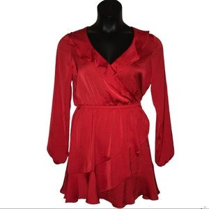 NWT Express Red Ruffle Long Sleeve Faux Wrap Dress